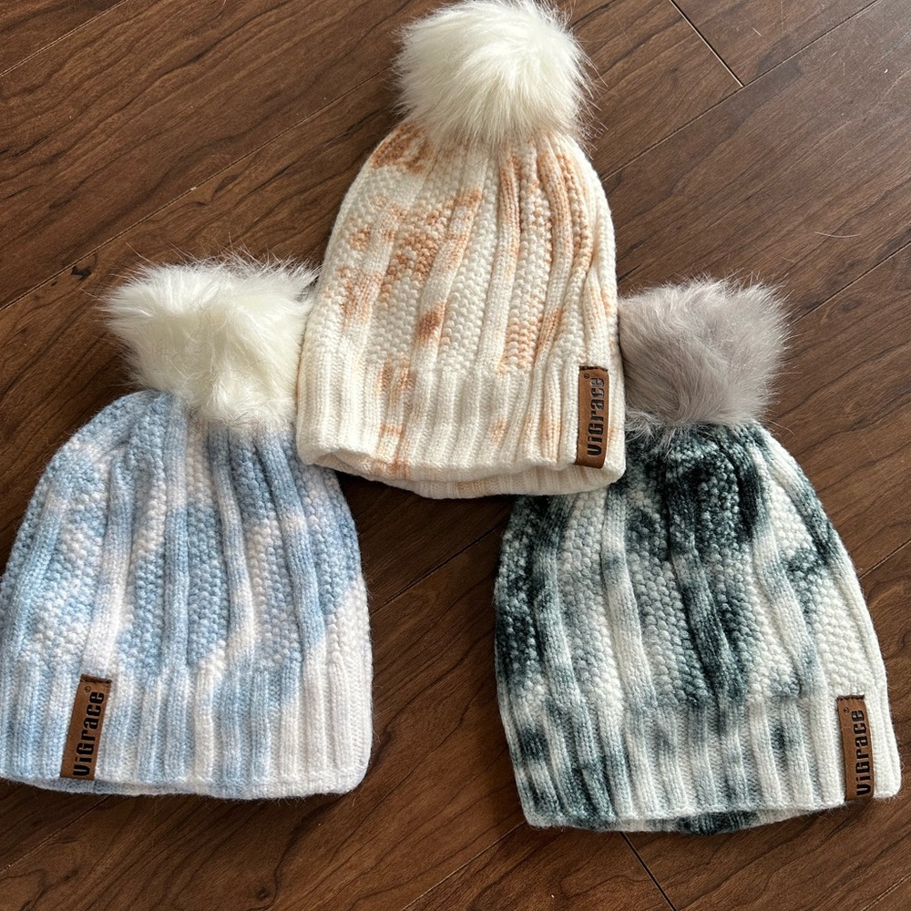 New in package 3 pack of  Chenille toques with fur pompon top - lined